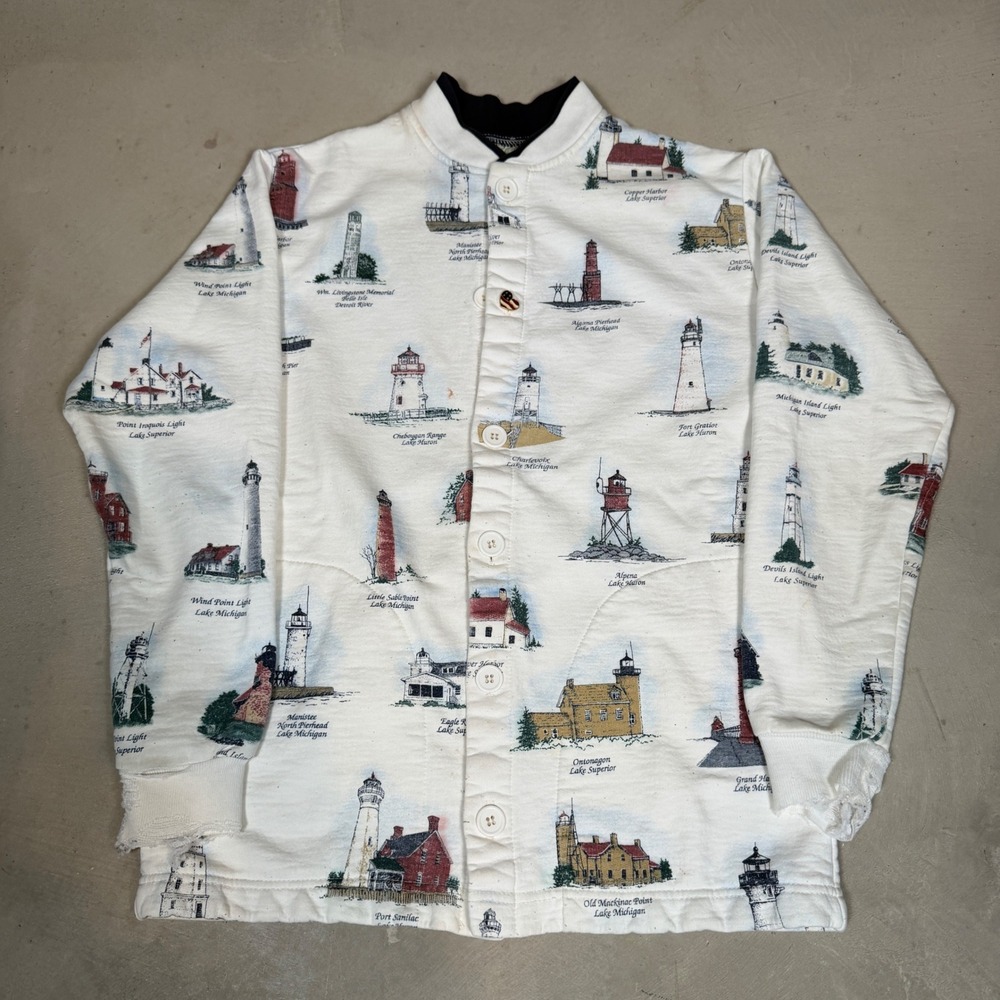 Vintage Art Unlimited Michigan Lighthouse Print Button Front Sweatshirt White L
